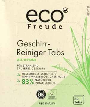 ecoFreude Geschirr-Reiniger Tabs, jasnozielone pudełko z trawą, 83% naturalnych składników, 30 tabletek, widok z przodu.