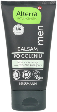 Alterra men Balsam Po Goleniu, ciemna tuba z zielonymi detalami i napisami BIO, widok z przodu.