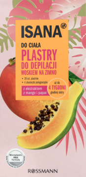 Opakowanie Isana plastrów do depilacji woskiem na zimno, z ekstraktem mango i papai, widok z przodu.