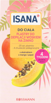 ISANA plastry do depilacji woskiem na zimno z mango i papai, 20 szt. Różowe opakowanie z owocami.