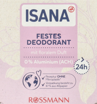 ISANA Festes Deodorant floralny, różowo-białe opakowanie, 0% aluminium, 24h, bez mikroplastiku. Widok z przodu.
