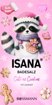 Front różowej saszetki Isana Badesalz Cute as Cookies z jojoba. Wesoły szop w czapce Mikołaja, ciasteczka, śnieżynki.