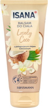 Beżowa tubka balsamu do ciała Isana Lovely Coco, z kokosowym olejem i kwiatami wanilii, widok z przodu opakowania.