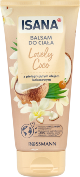 Beżowa tubka balsamu do ciała Isana Lovely Coco, z kokosowym olejem i kwiatami wanilii, widok z przodu opakowania.
