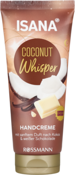 Brązowy krem do rąk Isana Coconut Whisper, tubka z kokosem i białą czekoladą, widok z przodu.