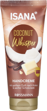 Brązowy krem do rąk Isana Coconut Whisper, tubka z kokosem i białą czekoladą, widok z przodu.
