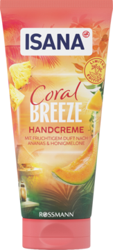 ISANA Coral Breeze Handcreme w tubce z tropikalnym motywem ananasa i melona, widok z przodu.