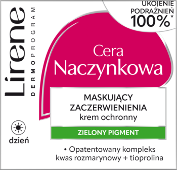 Biały ochronny krem Lirene Cera Naczynkowa, kwadratowe opakowanie z różową etykietą, zielony pigment maskujący zaczerwienienia.