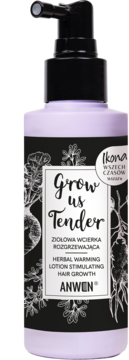 Fioletowa butelka Anwen Grow Us Tender, ziołowej wcierki do włosów, z czarną etykietą i pompką, widok z przodu.
