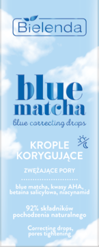 Bielenda Blue Matcha krople korygujące i zwężające pory, niebieskie opakowanie z chmurami, widok z przodu.