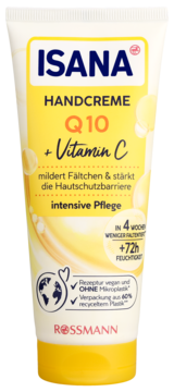 Biało-żółta tubka kremu do rąk ISANA Q10+Vitamin C, z napisem Rossmann, widok z przodu.