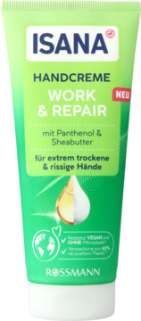 Zielony krem do rąk Isana Work & Repair z pantenolem i masłem shea, do suchych dłoni, widok przodu tubki.