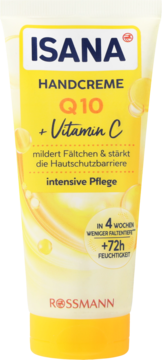 Isana Handcreme Q10 + Vitamin C Rossmann, żółto-biała tuba, widok z przodu. Redukuje zmarszczki, intensywna pielęgnacja.