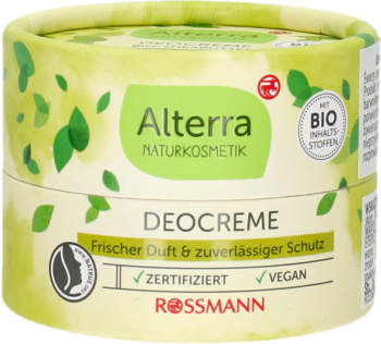Alterra Deocreme, naturalny dezodorant w okrągłym, beżowo-zielonym opakowaniu Rossmann, widok z przodu.