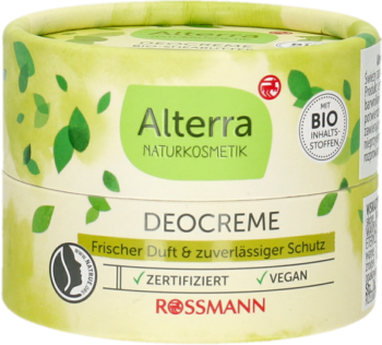 Alterra Deocreme, naturalny dezodorant w okrągłym, beżowo-zielonym opakowaniu Rossmann, widok z przodu.