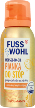 Fusswohl Mousse-To-Oil pianka do stóp, złota puszka z pomarańczową nakrętką, do bardzo suchej skóry, widok z przodu.