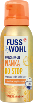 Fusswohl Mousse-To-Oil pianka do stóp, złota puszka z pomarańczową nakrętką, do bardzo suchej skóry, widok z przodu.