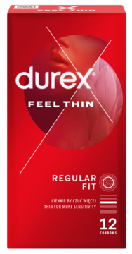 Czerwone opakowanie prezerwatyw Durex Feel Thin Regular Fit, 12 sztuk, z białym logo i tekstem, widok z przodu.