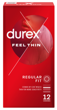 Czerwone opakowanie prezerwatyw Durex Feel Thin Regular Fit, 12 sztuk, z białym logo i tekstem, widok z przodu.