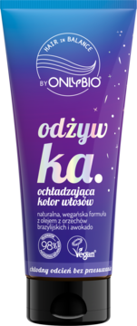 OnlyBio Hair in Balance odżywka ochładzająca kolor włosów w niebiesko-fioletowej tubie, z awokado.