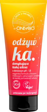 Odżywka OnlyBio Hair in Balance, pH 1.8, domykająca łuskę włosa po koloryzacji, pomarańczowo-różowa tubka.