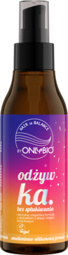 Odżywka OnlyBio Hair in Balance bez spłukiwania silikonowa, brązowa butelka z pompką, etykieta ombre.