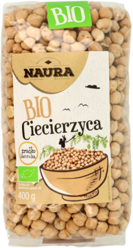Opakowanie Naura BIO Ciecierzyca 400g. Przezroczysta torebka z suszoną ciecierzycą, widok z przodu.