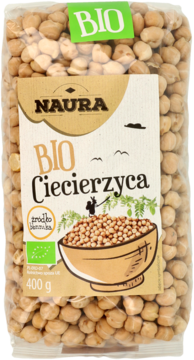 Opakowanie Naura BIO Ciecierzyca 400g. Przezroczysta torebka z suszoną ciecierzycą, widok z przodu.