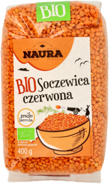 Przezroczysta torebka soczewicy czerwonej BIO Naura 400g, widok z przodu, z zielonym logo BIO.