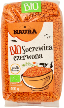 Przezroczysta torebka soczewicy czerwonej BIO Naura 400g, widok z przodu, z zielonym logo BIO.