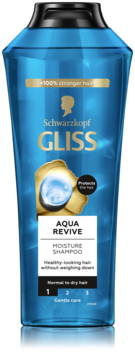 Gliss Aqua Revive niebieski szampon nawilżający z kwasem hialuronowym do włosów normalnych i suchych, widok z przodu.