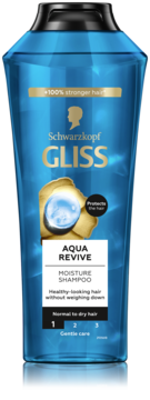 Gliss Aqua Revive niebieski szampon nawilżający z kwasem hialuronowym do włosów normalnych i suchych, widok z przodu.