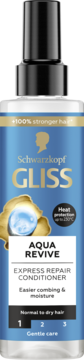 Schwarzkopf Gliss Aqua Revive Express Repair Conditioner. Niebieska butelka spray, ułatwia rozczesywanie, widok z przodu.