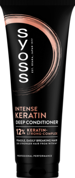 Czarna tuba Syoss Intense Keratin Deep Conditioner, front, z miedzianym wzorem, do włosów łamliwych.