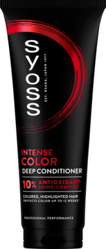 Syoss Intense Color Deep Conditioner w czarnej tubce, z czerwonym logo, chroni kolor do 12 tygodni. Widok z przodu.
