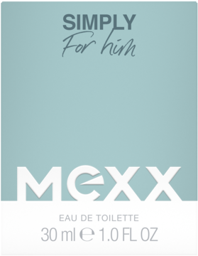 Mexx Simply For Him woda toaletowa, błękitno-biały flakon 30ml, z białym napisem MEXX.