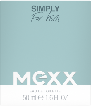 Widok z przodu jasnoniebieskiego opakowania wody toaletowej Mexx Simply for Him 50ml, świeży męski zapach.