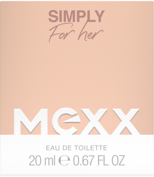 Mexx Simply For Her woda toaletowa 20 ml, prostokątne opakowanie w odcieniach pudrowego różu i bieli.