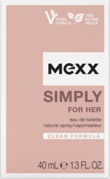 Opakowanie Mexx Simply For Her eau de toilette 40ml, różowo-białe, widok z przodu, z napisem VEGAN.