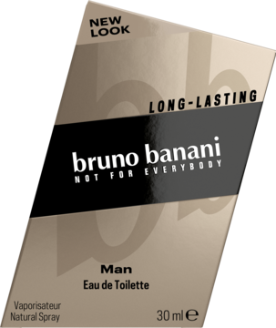 Złoto-beżowe pudełko perfum Bruno Banani Man EDT 30ml z czarnym paskiem i napisem NEW LOOK, widok pod kątem.
