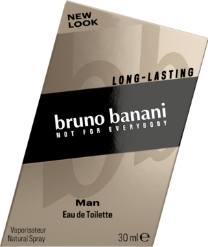 Złoto-beżowe pudełko perfum Bruno Banani Man EDT 30ml z czarnym paskiem i napisem NEW LOOK, widok pod kątem.