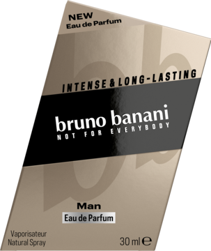 Beżowe pudełko Bruno Banani Man Eau de Parfum 30ml, widok pod kątem, z napisem 'INTENSE & LONG-LASTING'.