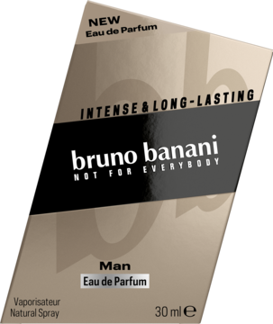Beżowe pudełko Bruno Banani Man Eau de Parfum 30ml, widok pod kątem, z napisem 'INTENSE & LONG-LASTING'.