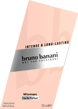 Różowe pudełko perfum bruno banani Woman 30ml, widok z przodu, z napisem "INTENSE & LONG-LASTING" i srebrnym paskiem.