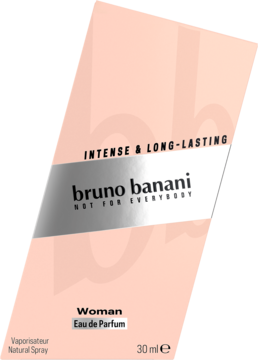 Różowe pudełko perfum bruno banani Woman 30ml, widok z przodu, z napisem "INTENSE & LONG-LASTING" i srebrnym paskiem.