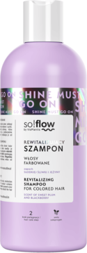 Fioletowy szampon so!flow Revitalizing do włosów farbowanych, zapach śliwka i jeżyna, widok z przodu.