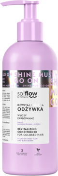 Liliowa odżywka so!flow do włosów farbowanych z adaptogenami, zapach śliwka i jeżyna, z przodu.