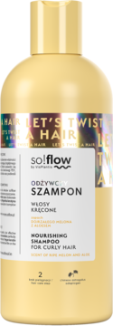 Żółty szampon So!Flow do włosów kręconych z melonem i aloesem w butelce, widok z przodu.