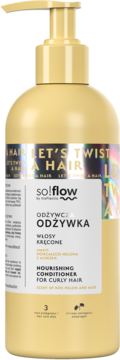 So!flow odżywcza odżywka do włosów kręconych o zapachu melona i aloesu, żółta butelka z pompką, widok z przodu.
