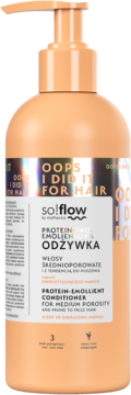 Pomarańczowa odżywka so!flow Protein-Emollient dla włosów średnioporowatych i puszących się, z pompką, widok z przodu.